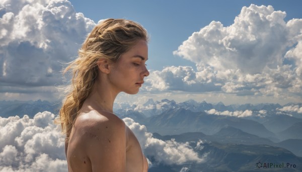 1girl,solo,long hair,breasts,blonde hair,closed mouth,closed eyes,upper body,nude,small breasts,outdoors,sky,day,cloud,from side,blue sky,lips,profile,cloudy sky,scenery,freckles,mountain,realistic,nose,mole,sunlight,mole on cheek,mole on body