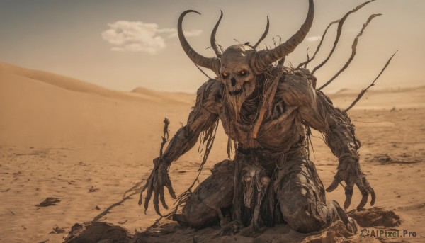 solo,looking at viewer,red eyes,1boy,male focus,outdoors,horns,sky,teeth,cloud,no humans,kneeling,glowing,glowing eyes,1other,skull,monster,sand,arrow (projectile),sepia,skeleton,desert,scenery,giant,alien,brown theme,dust