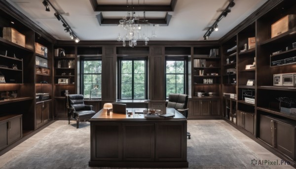 day,indoors,tree,cup,book,no humans,window,chair,table,sunlight,bottle,plant,box,scenery,couch,plate,wooden floor,door,clock,lamp,stool,shelf,ceiling,candlestand,ceiling light,cabinet,chandelier,desk,bookshelf,candle,painting (object)