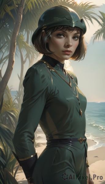 1girl,solo,breasts,looking at viewer,short hair,bangs,blue eyes,brown hair,gloves,long sleeves,dress,brown eyes,jewelry,closed mouth,standing,cowboy shot,small breasts,outdoors,parted lips,sky,day,black gloves,belt,artist name,water,necklace,uniform,from side,tree,blue sky,lips,military,military uniform,ocean,beach,bob cut,helmet,arm behind back,green dress,realistic,nose,sand,palm tree,horizon,shore,shirt,hat,pants,signature,arms behind back,backlighting,green shirt