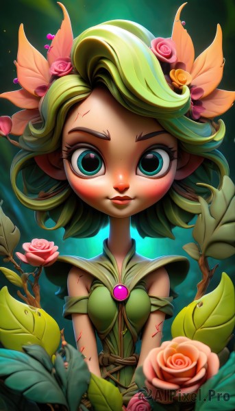 1girl,solo,breasts,looking at viewer,smile,short hair,bangs,blue eyes,hair ornament,dress,bare shoulders,closed mouth,green eyes,upper body,flower,small breasts,green hair,pointy ears,artist name,hair flower,rose,leaf,scar,plant,red flower,gem,pink flower,green background,green dress,vines,pink rose,lips,eyelashes,sleeveless dress,watermark,monster girl,freckles,plant girl