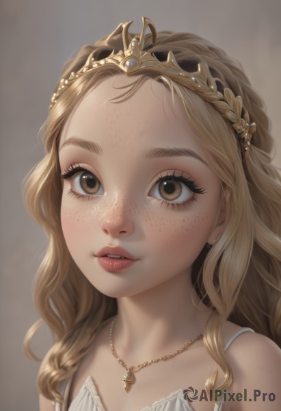 1girl,solo,long hair,looking at viewer,blonde hair,dress,bare shoulders,brown eyes,jewelry,upper body,parted lips,teeth,necklace,white dress,lips,eyelashes,wavy hair,tiara,portrait,forehead,freckles,realistic,blush,simple background,brown hair,collarbone,thick eyebrows,brown background,nose,princess