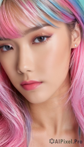 1girl,solo,long hair,looking at viewer,bangs,brown eyes,jewelry,closed mouth,blue hair,collarbone,pink hair,multicolored hair,earrings,black eyes,two-tone hair,lips,eyelashes,makeup,piercing,lipstick,portrait,close-up,eyeshadow,realistic,nose,stud earrings,mascara,blunt bangs,pink lips