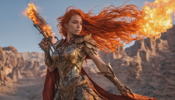 1girl,solo,long hair,breasts,blue eyes,gloves,holding,closed mouth,standing,upper body,weapon,red hair,cowboy shot,outdoors,sky,day,sword,fingerless gloves,cape,holding weapon,orange hair,armor,blurry,blue sky,lips,floating hair,depth of field,blurry background,holding sword,fire,wind,shoulder armor,gauntlets,armlet,pauldrons,breastplate,realistic,fantasy,red cape,vambraces,bracer,chainmail,flaming weapon,parted lips,gun,looking to the side,holding gun,rifle,freckles,mountain