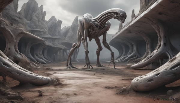 standing,outdoors,sky,cloud,no humans,cloudy sky,robot,scenery,science fiction,monster,realistic,fantasy,sand,ruins,desert,dust,non-humanoid robot,day,mecha,claws,tentacles,alien