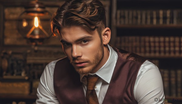 solo,looking at viewer,short hair,brown hair,shirt,1boy,closed mouth,white shirt,upper body,male focus,necktie,collared shirt,indoors,blurry,black eyes,vest,book,blurry background,facial hair,beard,realistic,mustache,stubble,bookshelf,brown vest,brown necktie,brown eyes,lips,bara,mature male,undercut,waistcoat