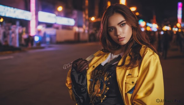 1girl,solo,long hair,looking at viewer,brown hair,shirt,long sleeves,brown eyes,jacket,upper body,outdoors,artist name,blurry,lips,coat,sleeves past wrists,dutch angle,night,blurry background,realistic,yellow jacket,blue eyes,gloves,jewelry,open clothes,black gloves,signature,necklace,depth of field,city,road,leather,city lights