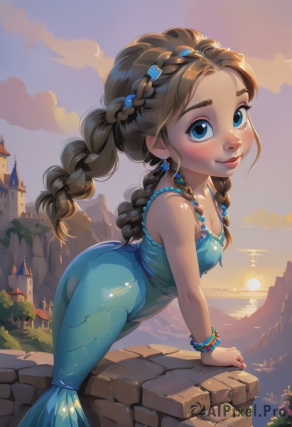 1girl,solo,long hair,breasts,looking at viewer,blush,smile,blue eyes,brown hair,hair ornament,dress,cleavage,bare shoulders,jewelry,closed mouth,ass,braid,flower,earrings,small breasts,outdoors,sky,sleeveless,shiny,artist name,cloud,water,necklace,twin braids,bracelet,covered nipples,from side,tree,lips,bare arms,eyelashes,leaning forward,blue dress,ocean,arm support,watermark,sunlight,thick eyebrows,cloudy sky,looking up,monster girl,gem,child,web address,backlighting,sunset,mountain,nose,arched back,sun,female child,bangle,mermaid,castle,evening,tower,mountainous horizon,orange sky,dusk,cliff,lighthouse,shirt,medium breasts,standing,collarbone,day,pants,dark skin,makeup,tank top,skin tight,tareme,forehead,beads,shiny clothes,glint,horizon,tight,wall,blue bodysuit,lake,mascara,tight pants,sunrise,pearl bracelet