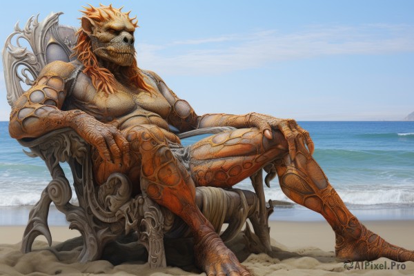 solo,1boy,sitting,full body,male focus,outdoors,horns,sky,barefoot,teeth,day,water,orange hair,blue sky,no humans,colored skin,ocean,chair,beach,claws,skull,monster,sand,scales,alien,long hair,cloud,fangs,throne