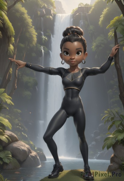 1girl,solo,breasts,looking at viewer,smile,open mouth,brown hair,black hair,long sleeves,brown eyes,jewelry,standing,full body,earrings,small breasts,outdoors,shoes,day,dark skin,water,hair bun,black footwear,dark-skinned female,tree,lips,bodysuit,covered navel,single hair bun,outstretched arms,plant,nature,skin tight,forehead,forest,toned,hoop earrings,rock,black bodysuit,river,waterfall,very dark skin,bodysuit under clothes,short hair,hair ornament,artist name,necklace,black eyes,ass visible through thighs,aged down,sneakers,child,backlighting,branch