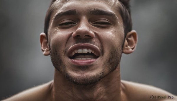 solo,looking at viewer,smile,short hair,open mouth,black hair,1boy,male focus,teeth,grey background,blurry,black eyes,lips,blurry background,facial hair,half-closed eyes,thick eyebrows,portrait,beard,close-up,mature male,realistic,mustache,chest hair,wrinkled skin,nude,gradient,gradient background,clenched teeth,stubble,very short hair,manly