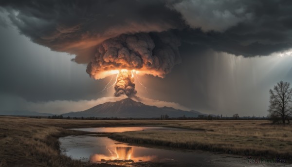 outdoors,sky,day,cloud,water,tree,no humans,sunlight,cloudy sky,grass,fire,nature,scenery,forest,smoke,reflection,monster,light rays,mountain,river,burning,molten rock,solo,landscape