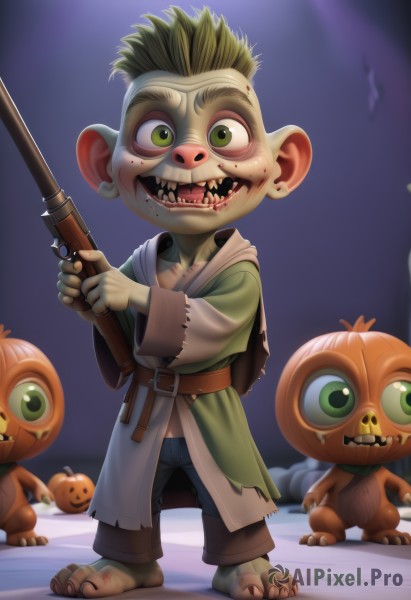 looking at viewer,smile,open mouth,1boy,holding,green eyes,standing,full body,weapon,male focus,green hair,barefoot,teeth,belt,pants,holding weapon,gun,blood,fangs,sharp teeth,child,holding gun,rifle,furry,halloween,jack-o'-lantern,pumpkin,male child,buck teeth,solo,blonde hair,jewelry,earrings,zombie