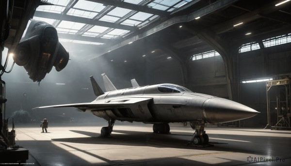 HQ,1boy,multiple boys,indoors,signature,military,shadow,sunlight,helmet,scenery,science fiction,light rays,realistic,aircraft,military vehicle,airplane,light,multiple others,vehicle focus,spacecraft,jet,fighter jet,standing,ambiguous gender