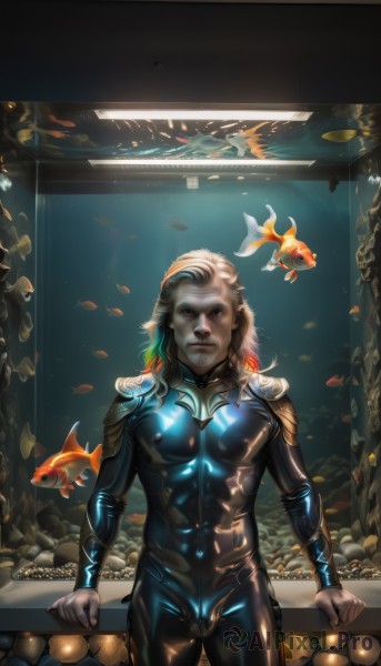 solo,long hair,looking at viewer,blonde hair,1boy,closed mouth,standing,white hair,male focus,cowboy shot,water,lips,bodysuit,muscular,animal,skin tight,fish,bulge,underwater,realistic,air bubble,wetsuit,aquarium,blue eyes,brown hair,artist name,armor,glowing,facial hair,watermark,web address,goldfish