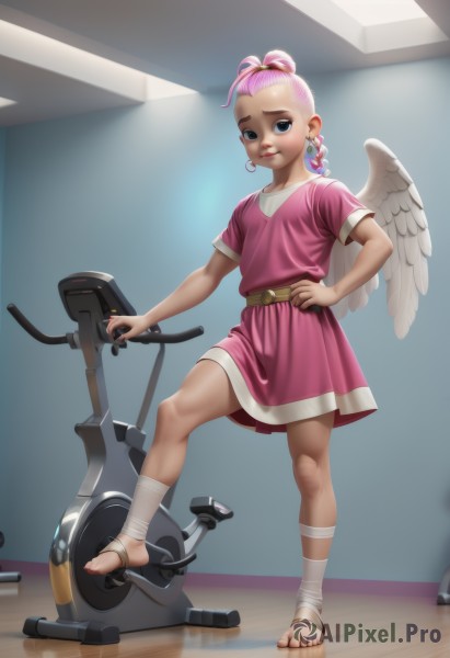 1girl,solo,looking at viewer,blue eyes,dress,jewelry,standing,full body,pink hair,braid,short sleeves,earrings,wings,belt,artist name,indoors,lips,hand on hip,toes,bandages,sandals,child,pink dress,feathered wings,angel wings,white wings,angel,female child,bandaged leg,long hair,smile,multicolored hair,barefoot,hair bun,feet,single hair bun,aged down,pink skirt,toeless legwear,ankle wrap