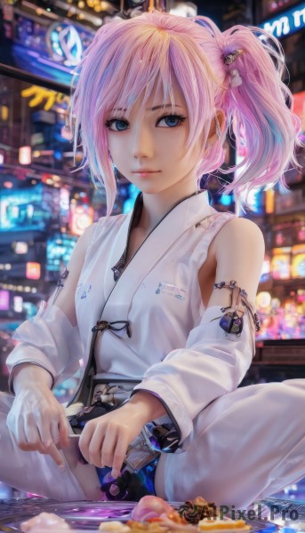 1girl,solo,looking at viewer,short hair,bangs,blue eyes,hair ornament,holding,bare shoulders,twintails,sitting,closed mouth,pink hair,multicolored hair,detached sleeves,food,japanese clothes,horns,pants,medium hair,blurry,lips,blurry background,indian style,long hair,breasts,thighhighs,jewelry,weapon,small breasts,outdoors,sleeveless,kimono,holding weapon,side ponytail,white thighhighs,depth of field,watermark,piercing,web address,freckles,asymmetrical hair,realistic,nose,neon lights