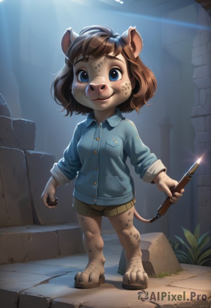 1girl,solo,looking at viewer,smile,short hair,blue eyes,brown hair,shirt,holding,animal ears,closed mouth,standing,tail,full body,weapon,shorts,barefoot,collared shirt,artist name,watermark,sunlight,blue shirt,child,furry,sleeves rolled up,freckles,furry female,female child,dirty,brown shorts,snout,mouse ears,mouse tail