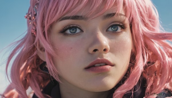 1girl,solo,long hair,looking at viewer,bangs,blue eyes,hair ornament,pink hair,parted lips,sky,teeth,day,lips,grey eyes,eyelashes,blue background,piercing,looking up,portrait,close-up,freckles,realistic,nose,jewelry,green eyes,earrings,blue sky,ear piercing