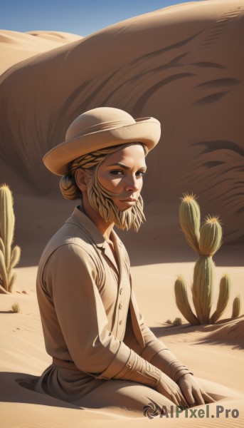 solo,blonde hair,shirt,gloves,long sleeves,1boy,hat,brown eyes,sitting,closed mouth,white shirt,male focus,outdoors,sky,day,hair bun,blue sky,facial hair,single hair bun,beard,mustache,sand,old,old man,desert,cactus,wheat,1girl,looking at viewer,braid,from side,lips,grass,french braid,realistic,nose,cowboy hat