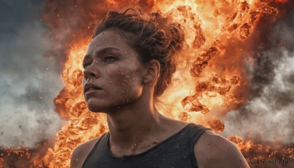 1girl, solo, short hair, blue eyes, brown hair, upper body, parted lips, lips, tank top, fire, smoke, realistic, explosion, dirty, burning