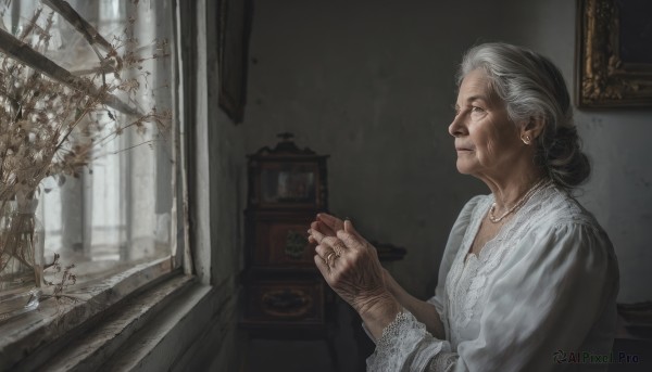 1girl,solo,long sleeves,dress,jewelry,closed mouth,upper body,white hair,grey hair,indoors,necklace,hair bun,white dress,from side,window,single hair bun,ring,own hands together,realistic,old,old man,picture frame,painting (object),old woman,wrinkled skin,portrait (object),earrings