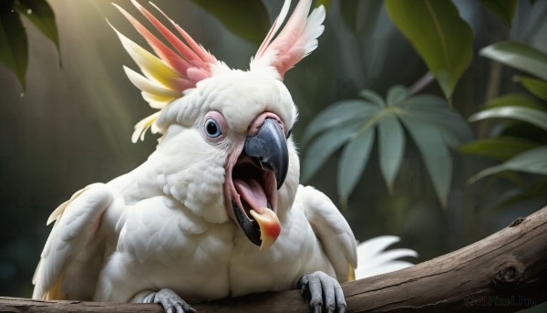 HQ,solo,looking at viewer,open mouth,blue eyes,outdoors,wings,tongue,blurry,black eyes,tree,no humans,blurry background,bird,animal,leaf,feathers,plant,realistic,branch,animal focus,beak,tongue out,pokemon (creature),sunlight,claws,light rays,talons