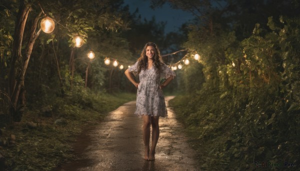 1girl,solo,long hair,looking at viewer,brown hair,black hair,dress,brown eyes,standing,outdoors,barefoot,white dress,tree,dutch angle,night,nature,scenery,forest,walking,hands on hips,lantern,realistic,road,lamppost,dirty feet,sky,water,plant,lamp,dark,path