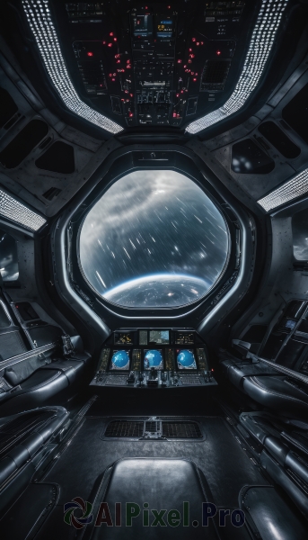 sky,cloud,signature,no humans,window,building,scenery,reflection,science fiction,rain,realistic,space,planet,spacecraft,spacesuit,cockpit,helmet,robot,mecha,city,cityscape,pilot suit,cable,earth (planet),screen,pilot