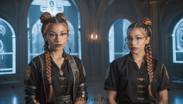 long hair,looking at viewer,bangs,multiple girls,brown hair,shirt,2girls,brown eyes,jewelry,closed mouth,jacket,upper body,braid,short sleeves,multicolored hair,earrings,open clothes,glasses,pants,indoors,dark skin,necklace,hair bun,twin braids,two-tone hair,open jacket,lips,black jacket,black shirt,window,single braid,tattoo,siblings,single hair bun,sisters,dual persona,freckles,twins,round eyewear,black hair,orange hair,mole,black eyes,dark-skinned female,grey eyes,double bun,gradient hair,makeup,forehead,hair behind ear,very dark skin,purple-framed eyewear