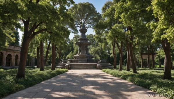 outdoors,sky,day,cloud,tree,blue sky,no humans,shadow,sunlight,grass,building,nature,scenery,forest,stairs,road,bench,bush,shade,dappled sunlight,path,tree shade,plant,architecture,house,statue,shrine,stone lantern