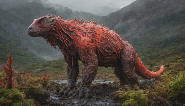 tail, outdoors, no humans, nature, rain, monster, mountain, kaijuu