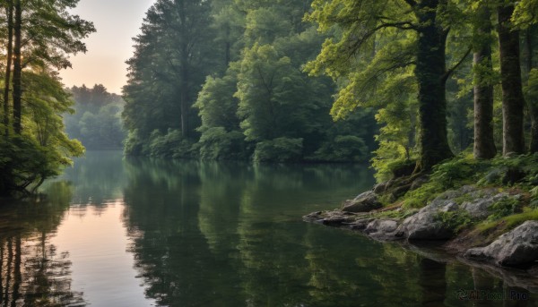 outdoors,sky,day,signature,water,tree,no humans,sunlight,grass,nature,scenery,forest,reflection,river,landscape,lake,cloud,rock,reflective water