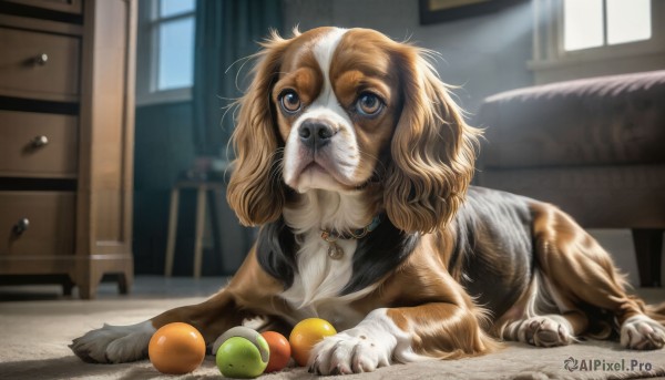 HQ,solo,looking at viewer,blue eyes,brown eyes,closed mouth,lying,day,indoors,blurry,collar,no humans,window,fruit,depth of field,animal,table,curtains,couch,ball,dog,realistic,animal focus,jewelry,necklace,pokemon (creature),blurry background,watermark,sunlight,on stomach,light rays