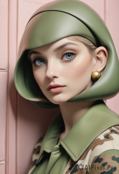 1girl,solo,looking at viewer,short hair,blue eyes,blonde hair,hat,jewelry,closed mouth,upper body,earrings,uniform,lips,grey eyes,eyelashes,portrait,freckles,realistic,nose,green headwear,camouflage,parted lips,military,military uniform,soldier