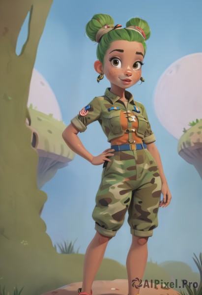 1girl,solo,breasts,looking at viewer,smile,short hair,shirt,brown eyes,jewelry,closed mouth,standing,jacket,full body,short sleeves,earrings,small breasts,boots,outdoors,green hair,shoes,shorts,day,belt,pants,dark skin,hair bun,uniform,dark-skinned female,tree,lips,hand on hip,military,double bun,military uniform,thick eyebrows,grass,red footwear,sneakers,freckles,pocket,breast pocket,camouflage,camouflage jacket,hair ornament,sky,bandaid,mushroom