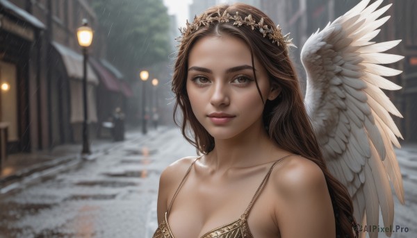 1girl,solo,long hair,breasts,looking at viewer,smile,brown hair,hair ornament,dress,cleavage,bare shoulders,brown eyes,medium breasts,closed mouth,collarbone,upper body,flower,outdoors,wings,solo focus,blurry,lips,depth of field,blurry background,umbrella,building,feathered wings,forehead,rain,angel wings,realistic,nose,white wings,angel,road,head wreath,lamppost,street