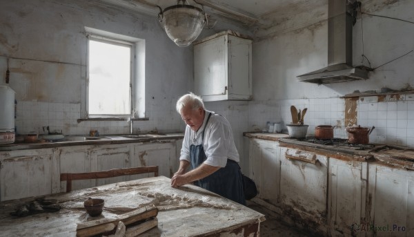 1girl,solo,short hair,skirt,shirt,1boy,white shirt,white hair,male focus,indoors,apron,window,sleeves rolled up,tiles,cooking,tile wall,kitchen,sink,faucet,cabinet,stove,cutting board,collared shirt,pants,scenery,bowl,realistic,old,old man