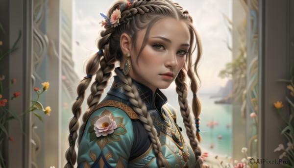 1girl,solo,long hair,looking at viewer,brown hair,hair ornament,dress,brown eyes,jewelry,closed mouth,upper body,braid,flower,earrings,outdoors,day,artist name,hair flower,dark skin,water,necklace,blurry,twin braids,from side,lips,petals,eyelashes,makeup,depth of field,blurry background,expressionless,chinese clothes,floral print,white flower,gem,forehead,realistic,yellow flower,nose,red lips,pillar,mascara,daisy,multiple braids,parted lips,dark-skinned female,lipstick,pink flower,eyeshadow