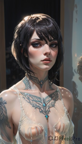 1girl,solo,breasts,looking at viewer,blush,short hair,bangs,blue eyes,black hair,dress,hair between eyes,bare shoulders,jewelry,medium breasts,nipples,collarbone,upper body,earrings,small breasts,parted lips,choker,shiny,artist name,medium hair,necklace,white dress,covered nipples,lips,wet,see-through,shiny skin,eyelashes,tattoo,makeup,piercing,gem,wet clothes,freckles,reflection,realistic,nose,wet hair,mascara,solo focus,black eyes,no bra,arm tattoo