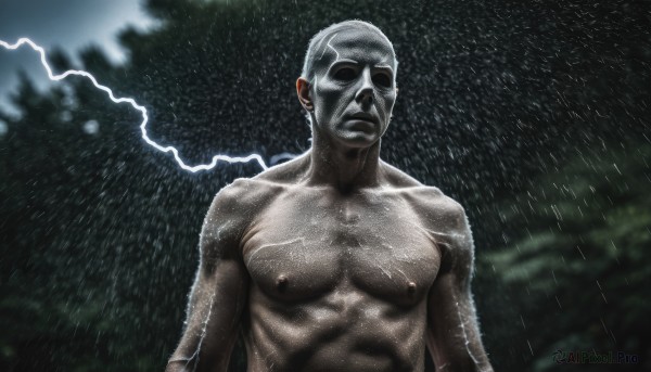 solo,1boy,nipples,upper body,male focus,outdoors,blurry,tree,wet,mask,muscular,parody,abs,pectorals,muscular male,rain,realistic,manly,no pupils,lightning,closed mouth,white hair,sky,night,blurry background,topless male,electricity,bald,old,old man