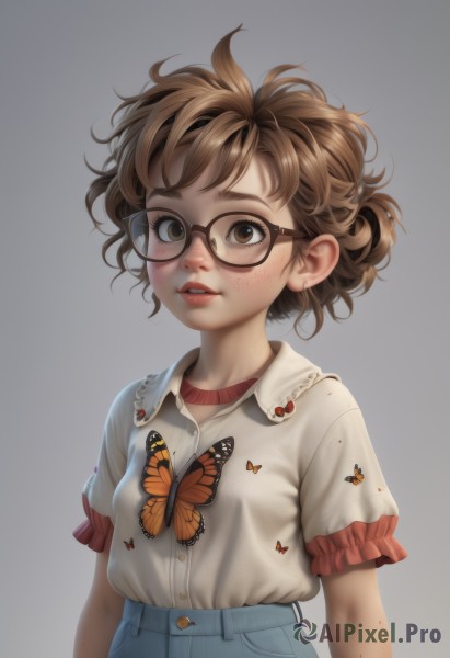 1girl,solo,breasts,looking at viewer,blush,short hair,simple background,brown hair,shirt,brown eyes,white shirt,upper body,short sleeves,small breasts,frills,parted lips,glasses,teeth,collared shirt,pants,grey background,lips,buttons,bug,denim,frilled sleeves,messy hair,butterfly,child,freckles,black-framed eyewear,curly hair,frilled shirt collar,jeans,round eyewear,arms at sides,female child,shirt tucked in,bangs,skirt,white background,eyelashes,realistic,nose