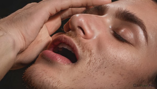 open mouth,simple background,1boy,closed eyes,male focus,multiple boys,teeth,solo focus,tongue,shiny,2boys,tongue out,lips,facial hair,close-up,realistic,nose,hand on another's face,hands on another's face,arm hair,hairy,wrinkled skin,solo,thick eyebrows,portrait,beard