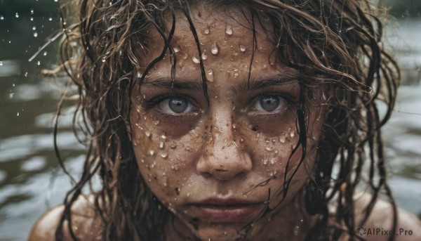 1girl,solo,long hair,looking at viewer,smile,brown hair,black hair,closed mouth,water,blurry,black eyes,lips,wet,grey eyes,depth of field,blurry background,messy hair,portrait,close-up,freckles,rain,realistic,nose,wet hair,dark skin,dark-skinned female,eyelashes,water drop