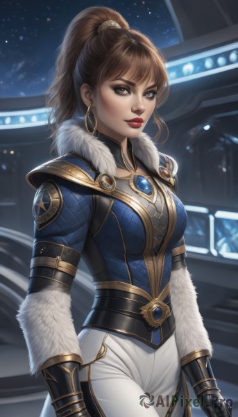 1girl,solo,long hair,breasts,looking at viewer,bangs,brown hair,gloves,long sleeves,brown eyes,jewelry,medium breasts,closed mouth,standing,ponytail,cowboy shot,earrings,sky,black gloves,pants,armor,lips,fur trim,makeup,night,high ponytail,blue shirt,lipstick,gauntlets,gem,eyeshadow,hoop earrings,white pants,nose,vambraces,red lips,artist name,star (sky),starry sky,fur