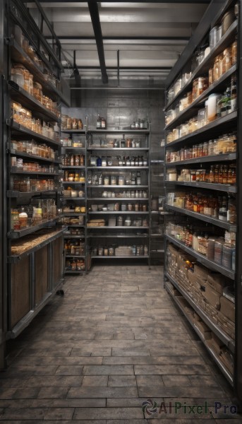 indoors,cup,no humans,bottle,plant,scenery,alcohol,drinking glass,wooden floor,stool,shelf,wine bottle,shop,bar (place),counter,ceiling light,whiskey,food,box,can,tiles,tile floor,jar