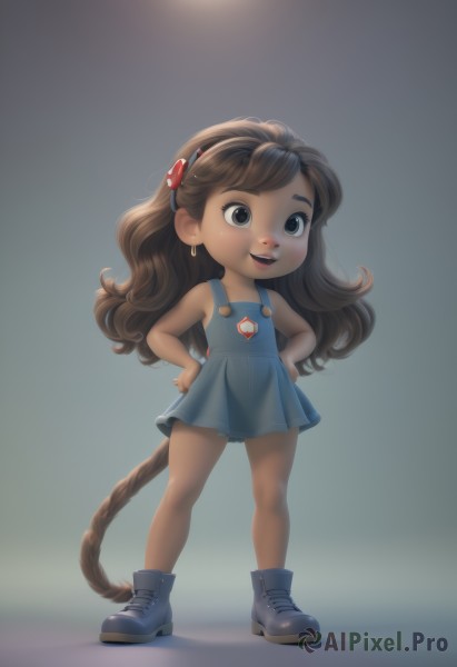 1girl,solo,long hair,smile,open mouth,brown hair,hair ornament,dress,brown eyes,jewelry,standing,tail,full body,hairband,earrings,boots,shoes,sleeveless,dark skin,black eyes,dark-skinned female,blue dress,short dress,child,hands on hips,female child,teeth,realistic