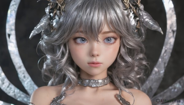 1girl,solo,long hair,looking at viewer,bangs,blue eyes,hair between eyes,bare shoulders,closed mouth,collarbone,grey hair,wings,horns,choker,lips,grey eyes,eyelashes,wavy hair,black background,portrait,close-up,realistic,hair ornament,expressionless,curly hair,pink lips