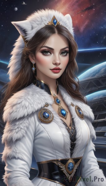 1girl,solo,long hair,breasts,looking at viewer,brown hair,long sleeves,dress,animal ears,cleavage,brown eyes,jewelry,medium breasts,upper body,earrings,cat ears,necklace,white dress,lips,coat,grey eyes,fur trim,makeup,lipstick,brooch,gem,star (sky),corset,pendant,realistic,white coat,red lips,space,planet,earth (planet),bangs,hat,artist name,parted bangs,eyelashes,eyeshadow,starry sky,nose