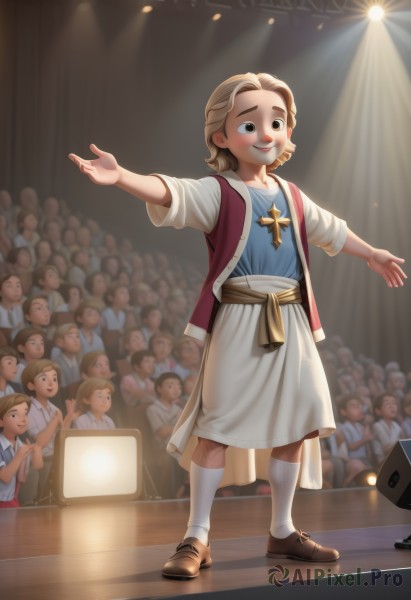 1girl,blush,smile,short hair,open mouth,blue eyes,multiple girls,skirt,blonde hair,brown hair,shirt,jewelry,standing,full body,multiple boys,shoes,solo focus,socks,artist name,necklace,kneehighs,brown footwear,outstretched arms,cross,blue shirt,white socks,child,6+boys,female child,dancing,crowd,stage,spotlight,stage lights,concert,audience,dress,brown eyes,teeth,vest,sash,microphone,robe,music,screen